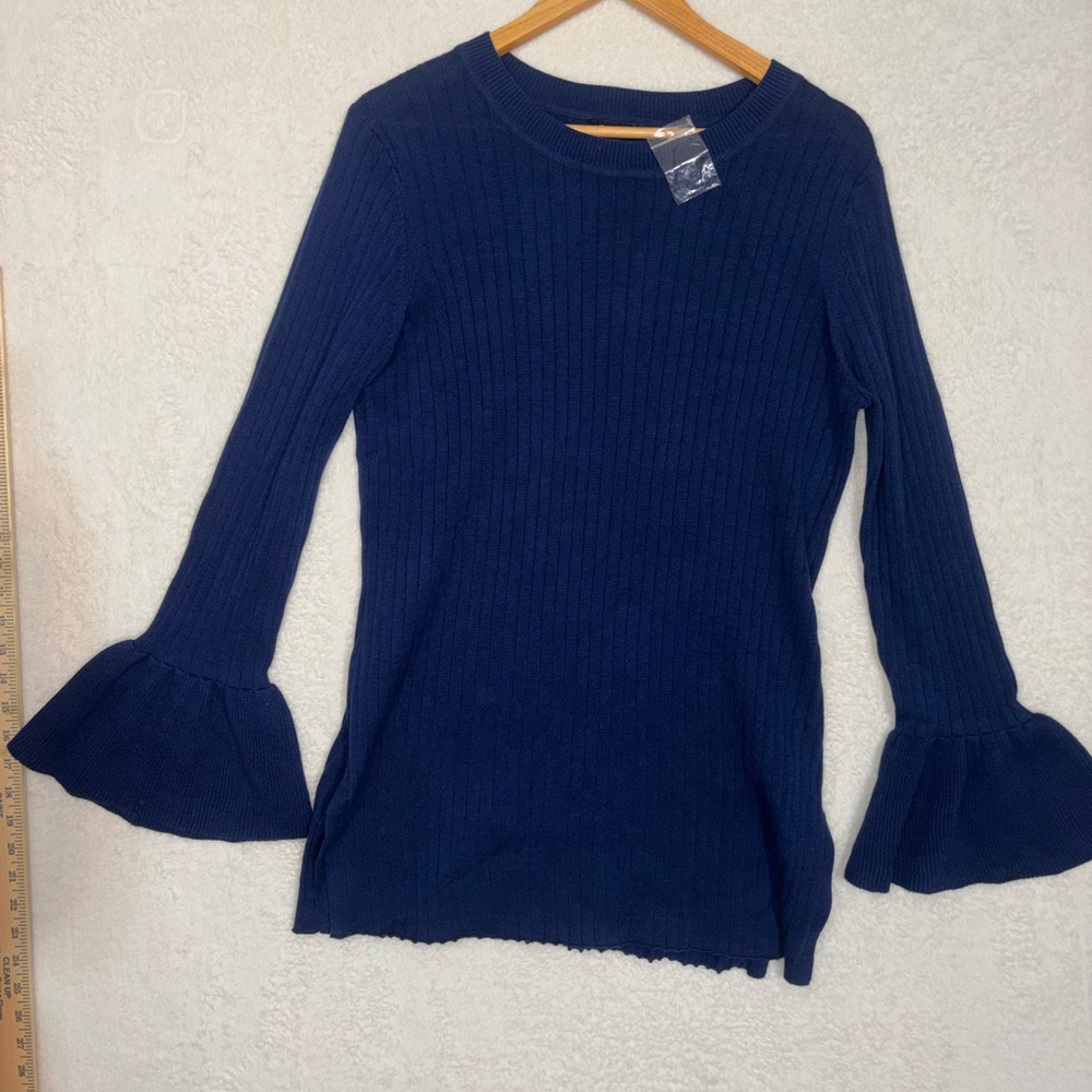 DuJour Navy Blue Bell Sleeve Ribbed Cottagecore Sweater Size XL